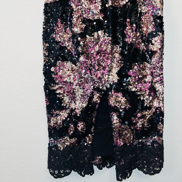 MARCHESA NOTTE dress black pink 8 floral sequin lace off the shoulder formal - Picture 10 of 16